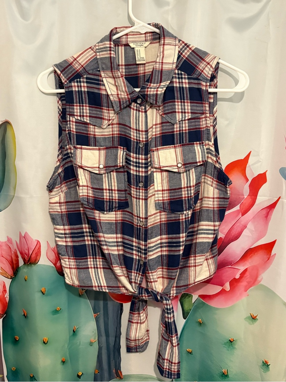 Forever 21 Plaid Button Front Shirt Women’s M Tie Waist Western 4 Pocket